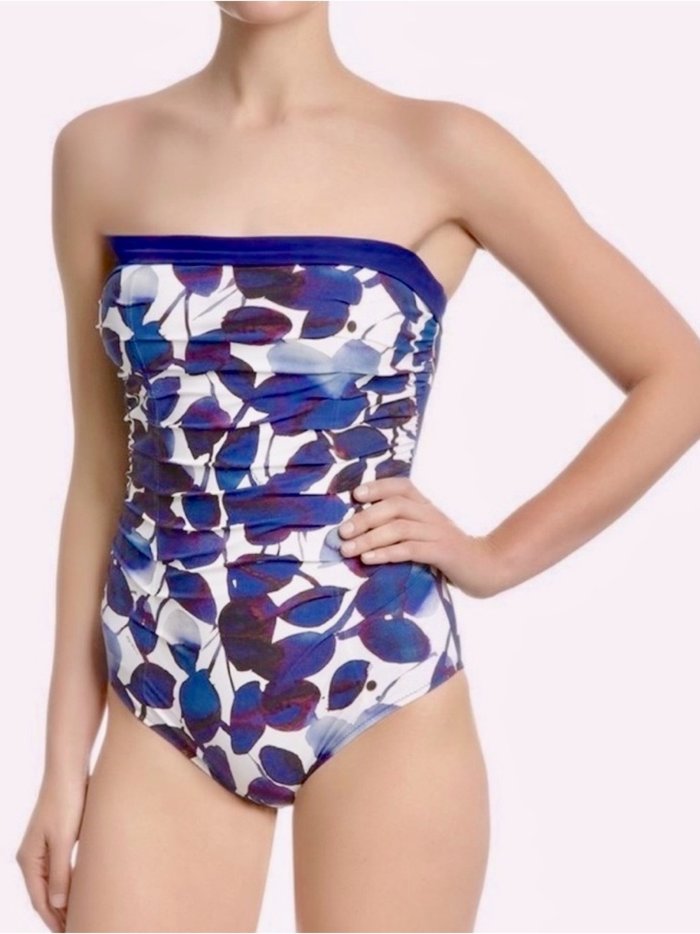 SHAN Swimwear Matilde Navy Blue & White Floral Bandeau One Piece Ruched Swimsuit
